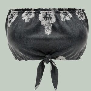 Rima Grey Floral‎ Smocked Tube Top Beach Cover Up Bandeau Tie Front Tropical
